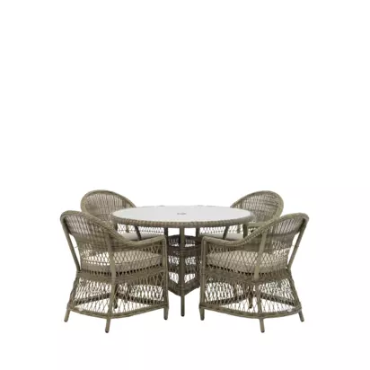 Bramblecrest RHS Rosemoor 4-Seater Round Garden Dining Table & Chairs Set with Parasol, Latte Latte | Chair 87 x 71 x 62cm; Table 74 x 120 x 120cm; Parasol 225 x 247 x 247cm; Parsol Base 33 x 45 x 45cm