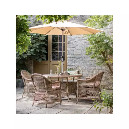 Bramblecrest RHS Rosemoor 4-Seater Round Garden Dining Table & Chairs Set with Parasol, Latte Latte | Chair: H87 x W71 x D62cm, Table: H74 x W120 x L120cm, Parasol H225 x W247 x D247cm, Parasol Base: H33 x W45 x D45cm