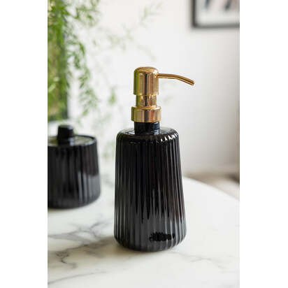 Ribbed Black Glass & Gold Effect Soap Dispenser - 350ml