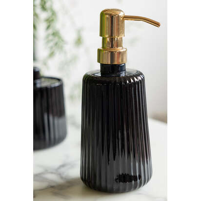 Ribbed Black Glass & Gold Effect Soap Dispenser - 350ml