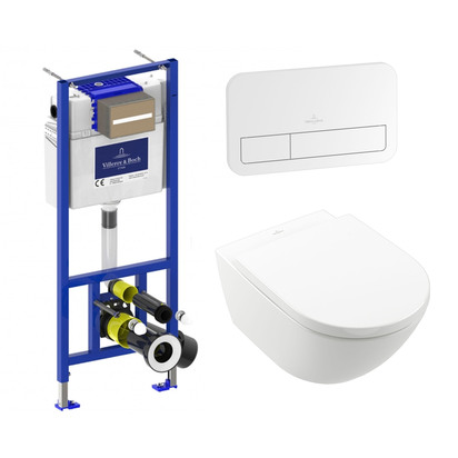 Villeroy & Boch ViConnect Pro 2.0 Frame with Subway 3.0 TwistFlush Rimless Wall Mounted Toilet, White Flush Plate & Soft Close Toilet Seat