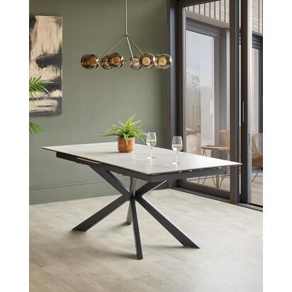 Hayden White Ceramic Extending 8-10 Seater Dining Table | Black Solid Steel Starburst Pedestal Base | Smooth Extension Mechanism | Danetti