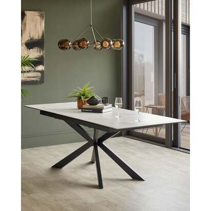 Hayden White Ceramic Extending 8-10 Seater Dining Table | Black Solid Steel Starburst Pedestal Base | Smooth Extension Mechanism | Danetti