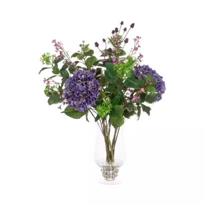 Floralsilk Artificial Hydrangea & Wax Flower Bouquet in Glass Vase, Purple/Pink Pink/Purple | H76 x W58 x D58cm
