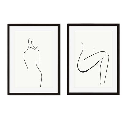 Nude Ink Drawing - Print Set Of 2 30 x 40 cm Oak Frame