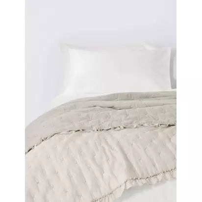 John Lewis Chambray Stripe Reversible Quilted Frilled Bedspread, Natural Natural | 250 x 260cm