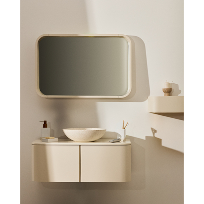 Careli soap dispenser in beige stoneware and acacia wood