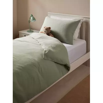 John Lewis Kids' Muslin Cotton Duvet Cover and Pillowcase Set Green | L140 x W120cm