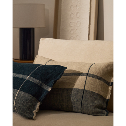 Eron beige and blue checked linen cushion cover with fringing 40 x 60cm