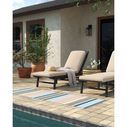 Tropez Stripe Teal Multicolour Outdoor Rug - 90 x 150 cm - Rug + Pad System
