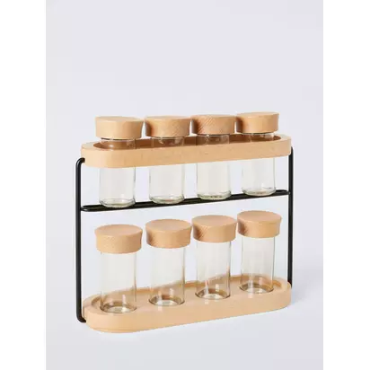 John Lewis Freestanding Beech Wood Spice Rack & 8 Jars Natural | H24.20cm * W29.30cm * D8.90cm