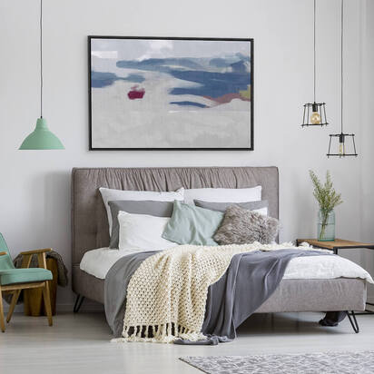 Grey Blue Strokes Framed Canvas 73 x 103 cm Black