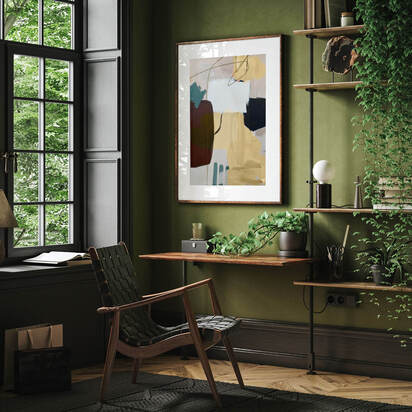 Abstract Ochre Shapes Art Print 63 x 93 cm Oak Frame