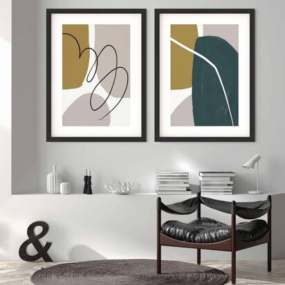 Modern Green & Grey Abstract - Print Set Of 2 33 x 43 cm Oak Frame
