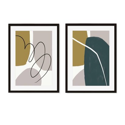 Modern Green & Grey Abstract - Print Set Of 2 33 x 43 cm Oak Frame