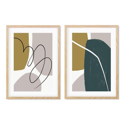 Modern Green & Grey Abstract - Print Set Of 2 33 x 43 cm Oak Frame