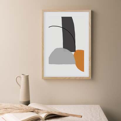Abstract Line Orange Grey Framed Art 33 x 43 cm Oak Frame