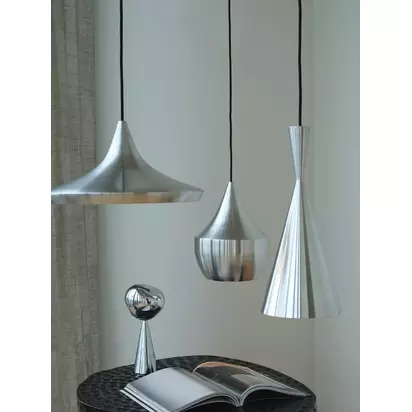 Tom Dixon Unbeaten LED Tall Pendant Ceiling Light, Aluminium Silver | H36 x W19 x D19cm
