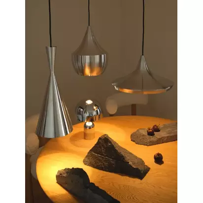 Tom Dixon Unbeaten LED Tall Pendant Ceiling Light, Aluminium Silver | H36 x W19 x D19cm