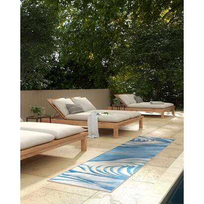 Waves Soft Blue Outdoor Rug by Gracie - 75 x 305 cm - Rug + Pad System