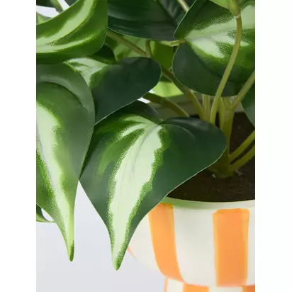 John Lewis Artificial Epipremnum Plant in Striped Ceramic Vase, Orange Orange | H21.60 x W31.80 x D31.80cm