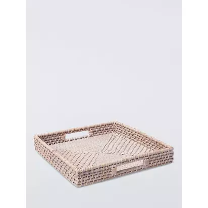 John Lewis Woven Rattan Square Tray, White White | H5xDia.35cm