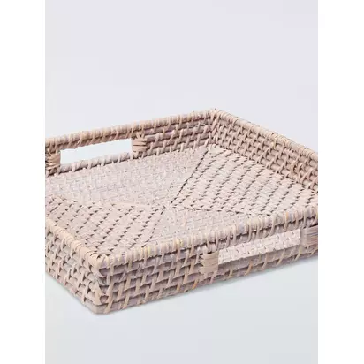 John Lewis Woven Rattan Square Tray, White White | H5xDia.35cm
