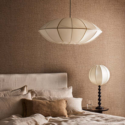 Large UFO pendant shade in white silk with white tape