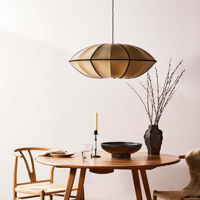 Large UFO pendant shade in taupe silk with black tape