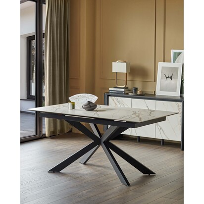 Hayden Natural Ceramic Extending 6-8 Seater Dining Table | Black Solid Steel Starburst Pedestal Base | Smooth Extension Mechanism | Danetti