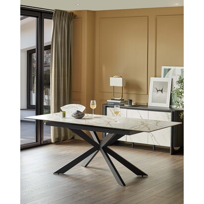 Hayden Natural Ceramic Extending 6-8 Seater Dining Table | Black Solid Steel Starburst Pedestal Base | Smooth Extension Mechanism | Danetti