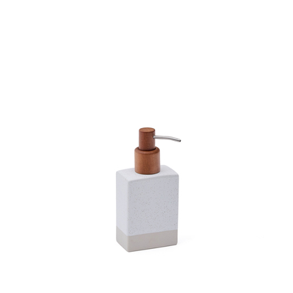 Careli soap dispenser in beige stoneware and acacia wood