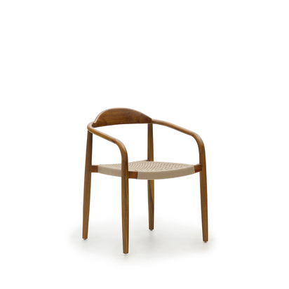 Nina stackable chair in FSC 100% solid acacia wood with walnut finish and beige rope seat