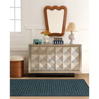 Labyrinth Navy & Teal Flatwoven Rug by Jonathan Adler - 200 x 290 cm - Rug + Cushioned Pad System