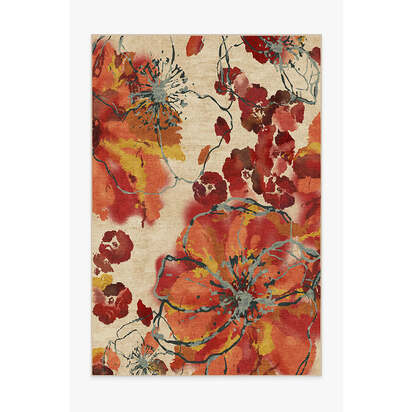 Watercolour Floral Coral Flatwoven Rug - 200 x 290 cm - Rug + Cushioned Pad System