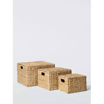 John Lewis Bulrush Nesting Lidded Storage Basket, Set of 3 Natural | 45x40x29cm, 36x32x23.5cm, 28x23x18cm