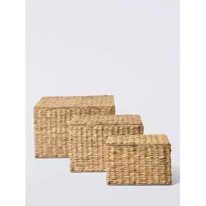 John Lewis Bulrush Nesting Lidded Storage Basket, Set of 3 Natural | 45x40x29cm, 36x32x23.5cm, 28x23x18cm