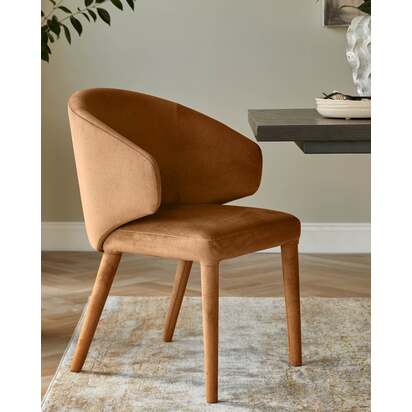 Ethan Caramel Plush Fabric Dining Chair | Winged Backrest For Ergonomic Support | Fully Upholstered Legs | Cushioned Foam & Fibre Filling | Danetti