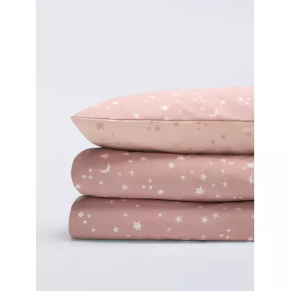 John Lewis Kids' Starry Sky Reversible Duvet Cover and Pillowcase Set Pink | H0.01 x W135 x D200cm