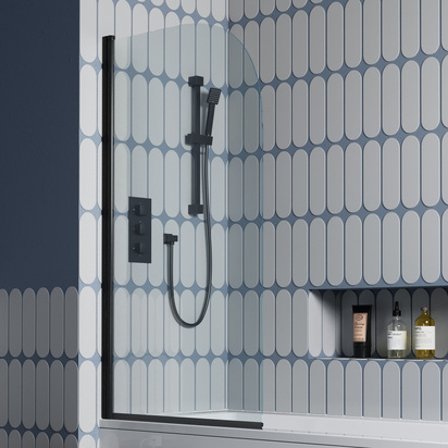 Vellamo City 6mm Matt Black Curved Corner Hinged Bath Screen - 1430 x 770mm