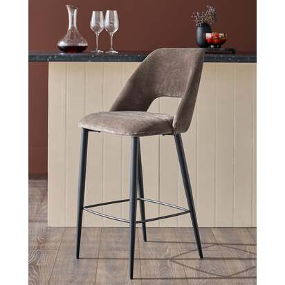 Lottie Chenille Mocha Fabric Fixed Height Bar Stool | Sleek Powder Coated Metal Legs | Gently Curved Open Back | Built-In Footrest| Danetti