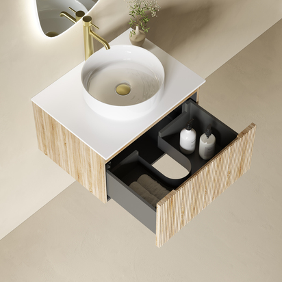 Drench Groove 600mm Fluted Wall Hung Vanity Unit & Sintered Stone Countertop - Soft Coffee