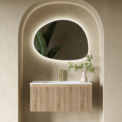 Drench Groove 800mm Fluted Wall Hung Vanity Unit & Matt Stone Basin - Country Oak