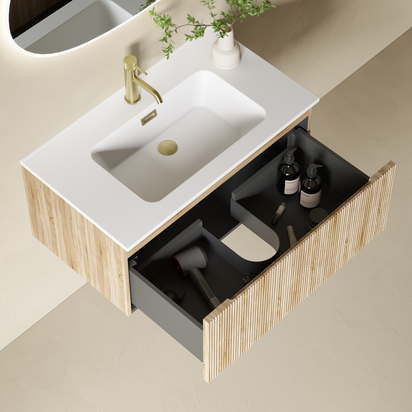 Drench Groove 800mm Fluted Wall Hung Vanity Unit & Matt Stone Basin - Country Oak