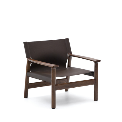 Jan armchair made of dark brown recycled leather fibres and FSC 100% solid ash wood with w