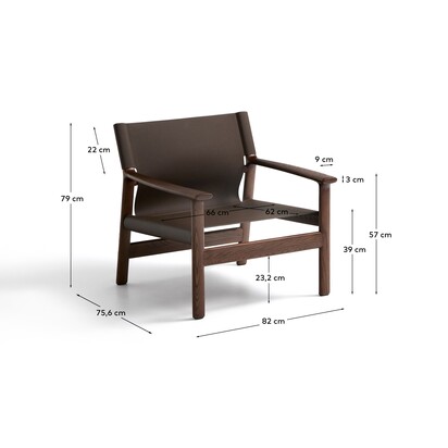 Jan armchair made of dark brown recycled leather fibres and FSC 100% solid ash wood with w