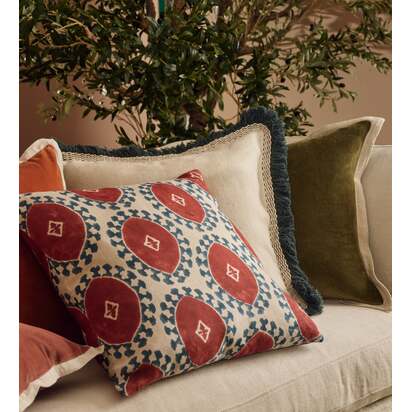 OKA | Elspeth Cushion Cover with Fringing - Natural/Air Force Blue | Cushion Cover
