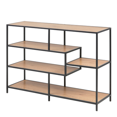 Rowan Wide Black Metal Bookcase with 4 Oak Shelves