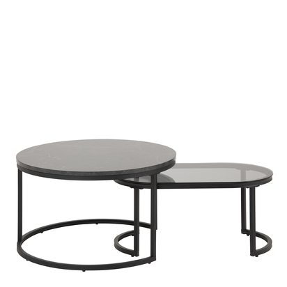 Wren Round/Oval Coffee Table Set with Black Marble/Smoked Melamine Glass Top