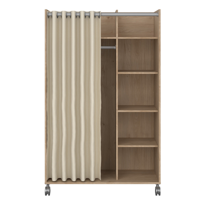 Kingston 3 Open Mobile Wardrobe Unit in Jackson Hickory Oak with a Beige Textile Curtain on Wheels